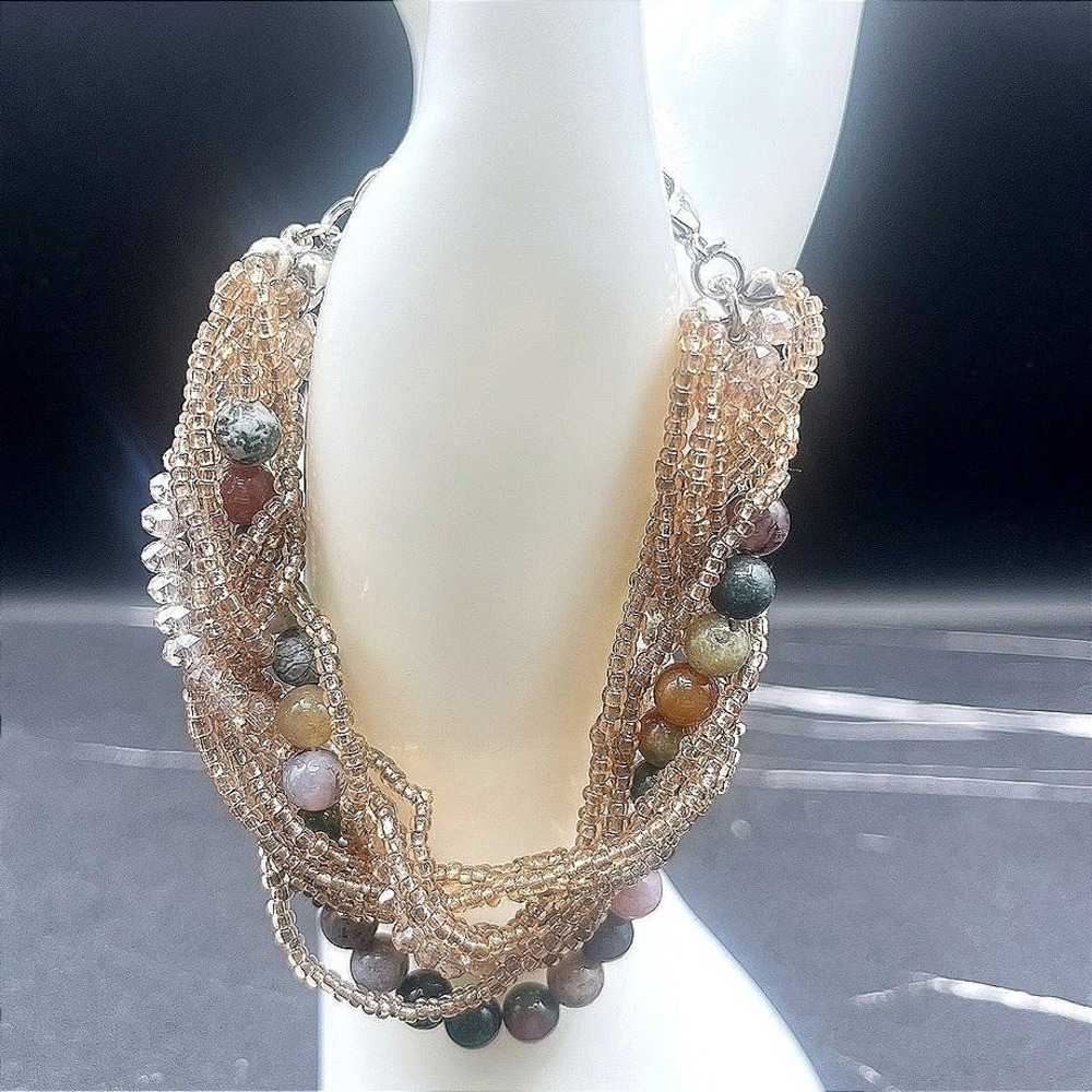 Vintage‎ Y2K Multi-Strand Agate Natural Stone Bracelet Seed Beads Boho Statement
